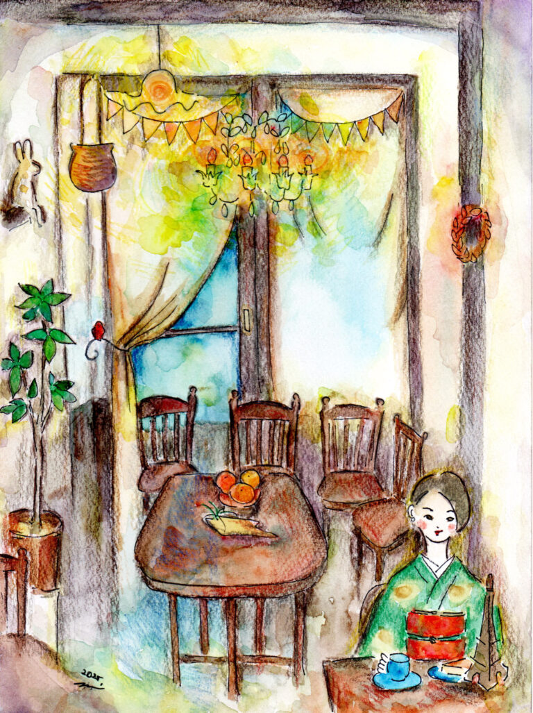 Home at a small cafe with a chandelier